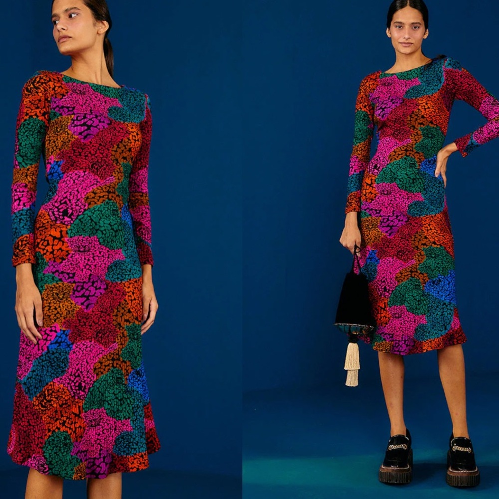 FARM Rio Rainbow Mix Jersey Dress Sz S Crew Neck Long Sleeve Midi Length